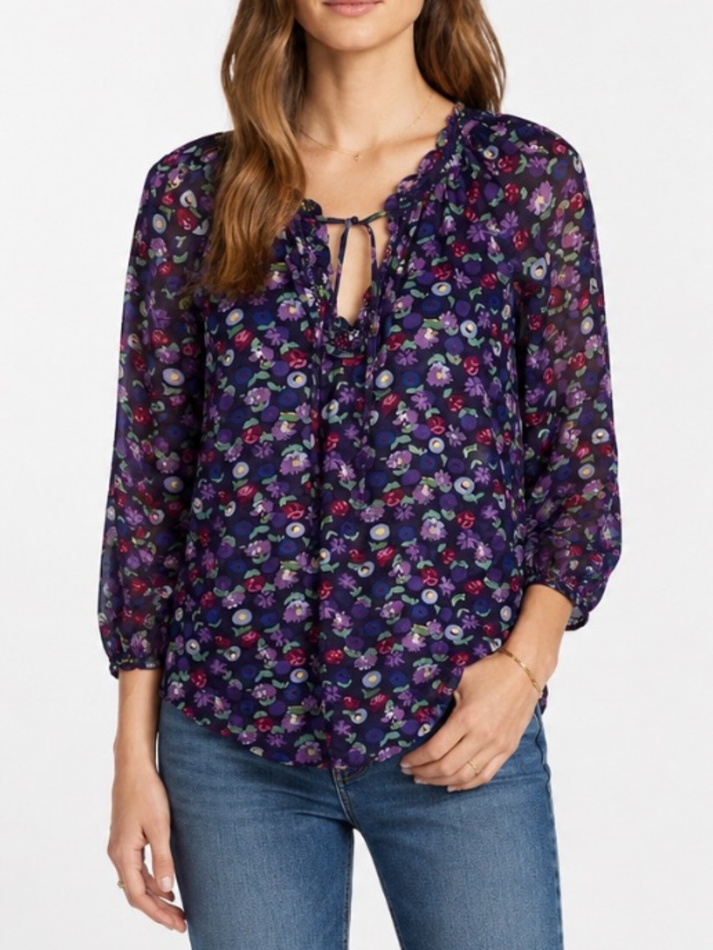 Rebecca Taylor 100% Silk Purple Floral Peasant Blouse Size 0